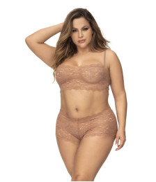 Ensemble 2 pièces en dentelle grande taille, top à bretelles et shorty couleur taupe - MAL206XTAUP